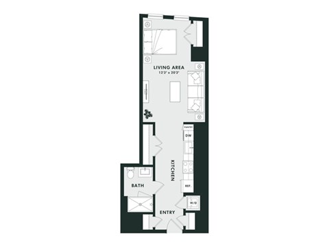 Floor plan for studio, 1 bath, 599 sqft